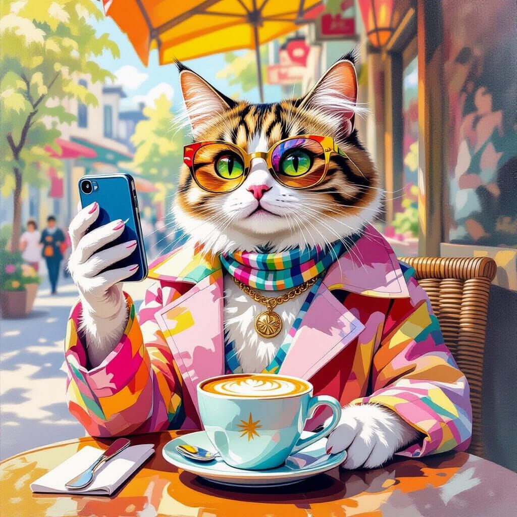 Fashionable Cat Selfie in Gouache Watercolor Style