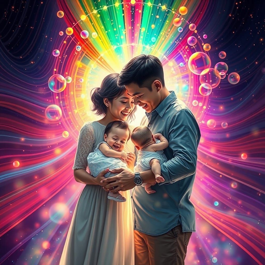 Family Embrace Amidst Cosmic Glow and Watercolor Splatter