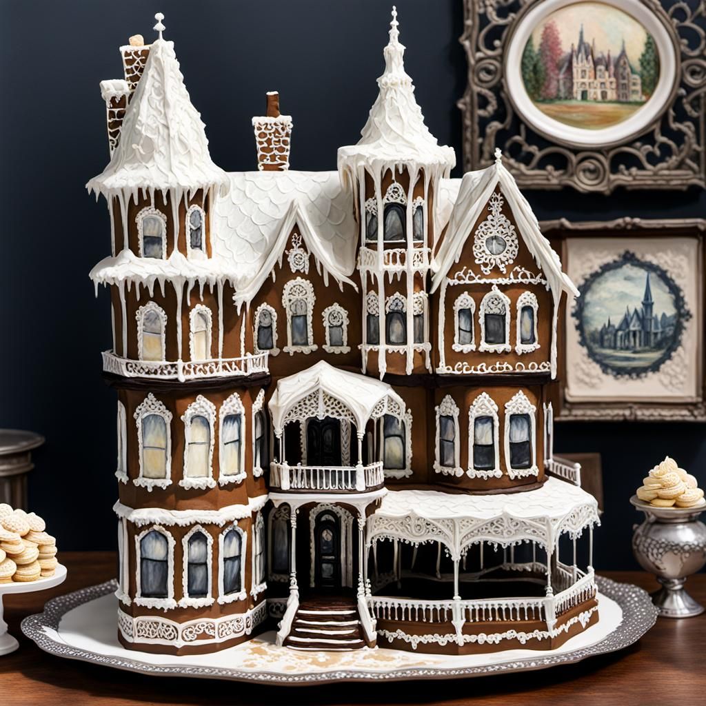 Gothic Victorian Gingerbread Dollhouse in Gouache Style