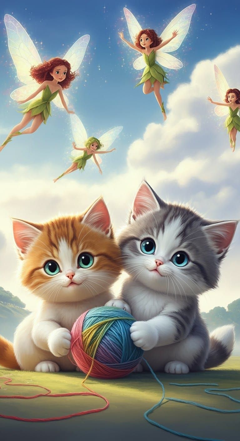 Disney Kittens with Fairies in Miyazaki Style