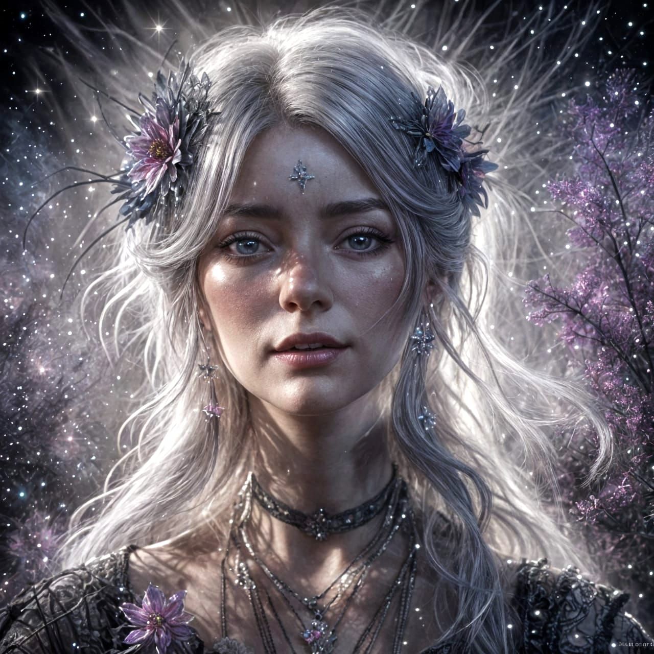 Surreal Starlit Portrait of a Radiant Elderly Fairy in Ether...