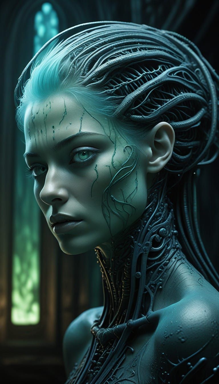 Ethereal Woman Pierces Shadows with Unsettling Gaze in Cyber...