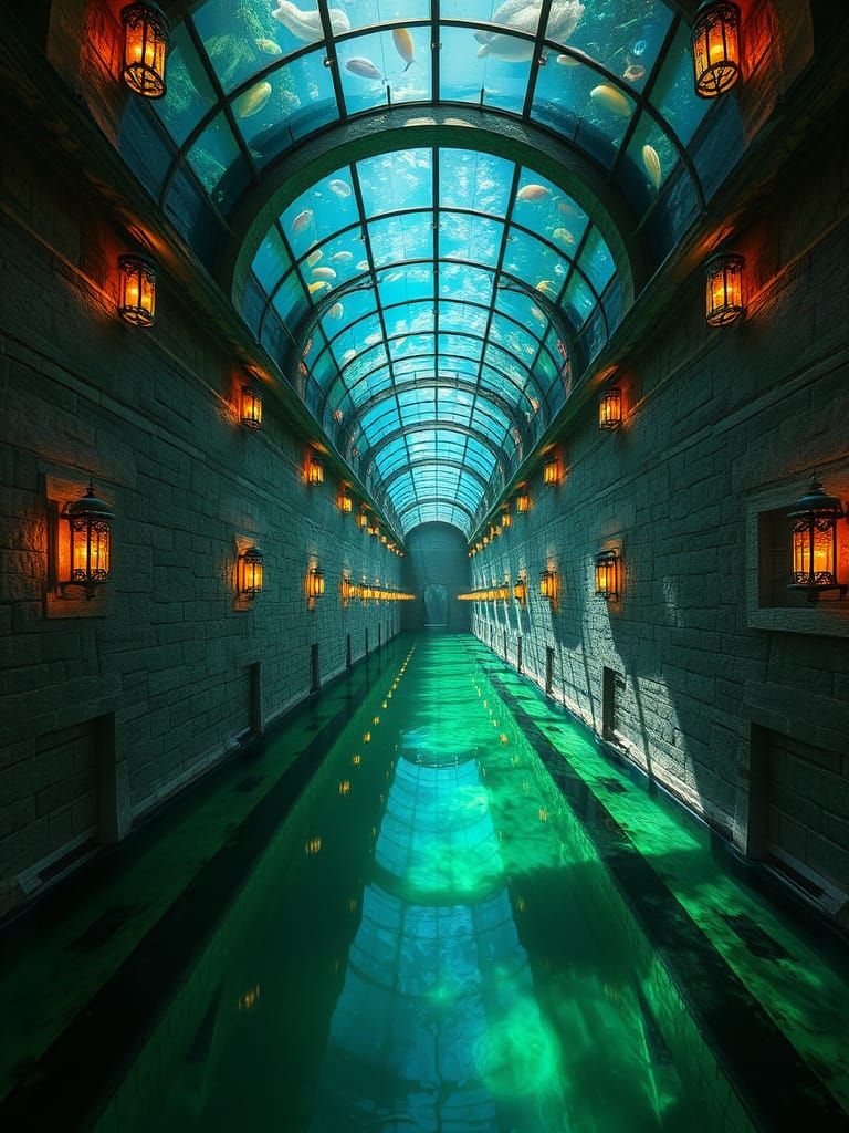 Dreamlike Oceanic Hallway with Luminous Lanterns and Majesti...