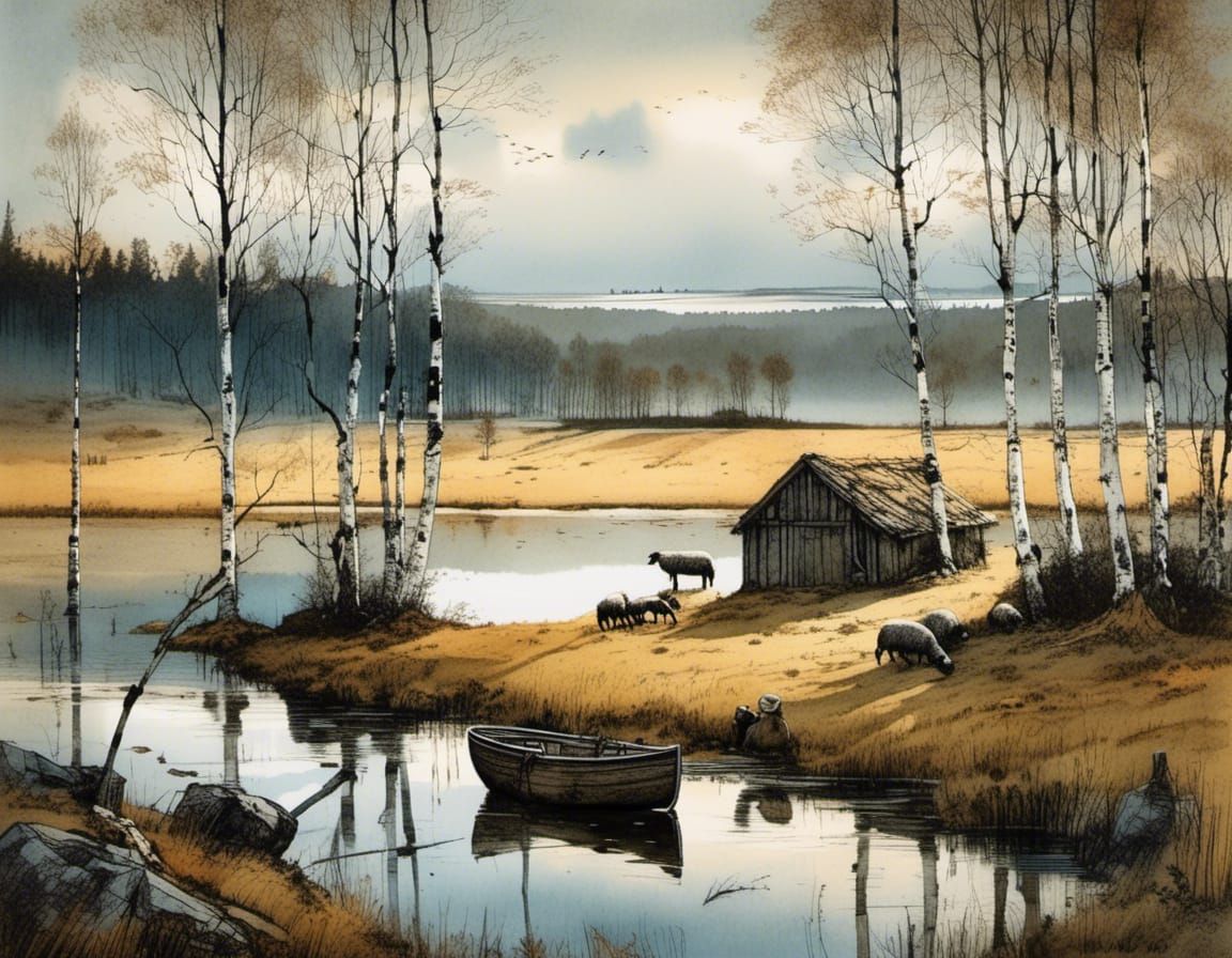 Whimsical Swedish Farm Scene in Vibrant Spring Colors