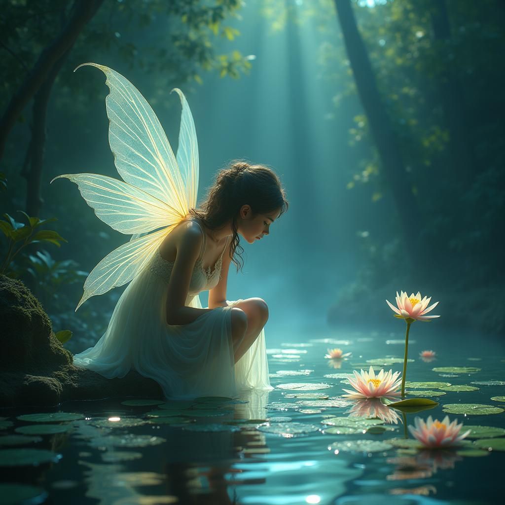 Ethereal Fairy Gazing at Pond Reflection