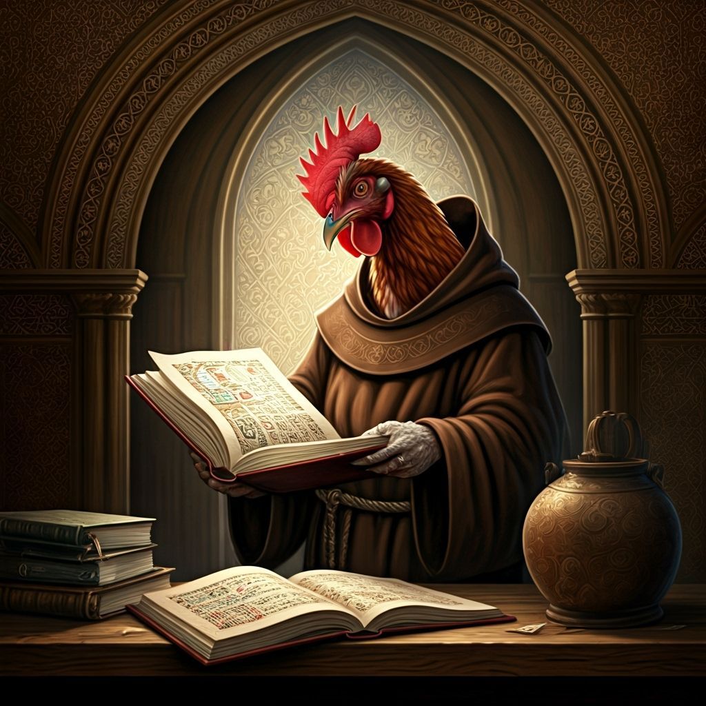 Chickens as Friars Studying Manuscripts
