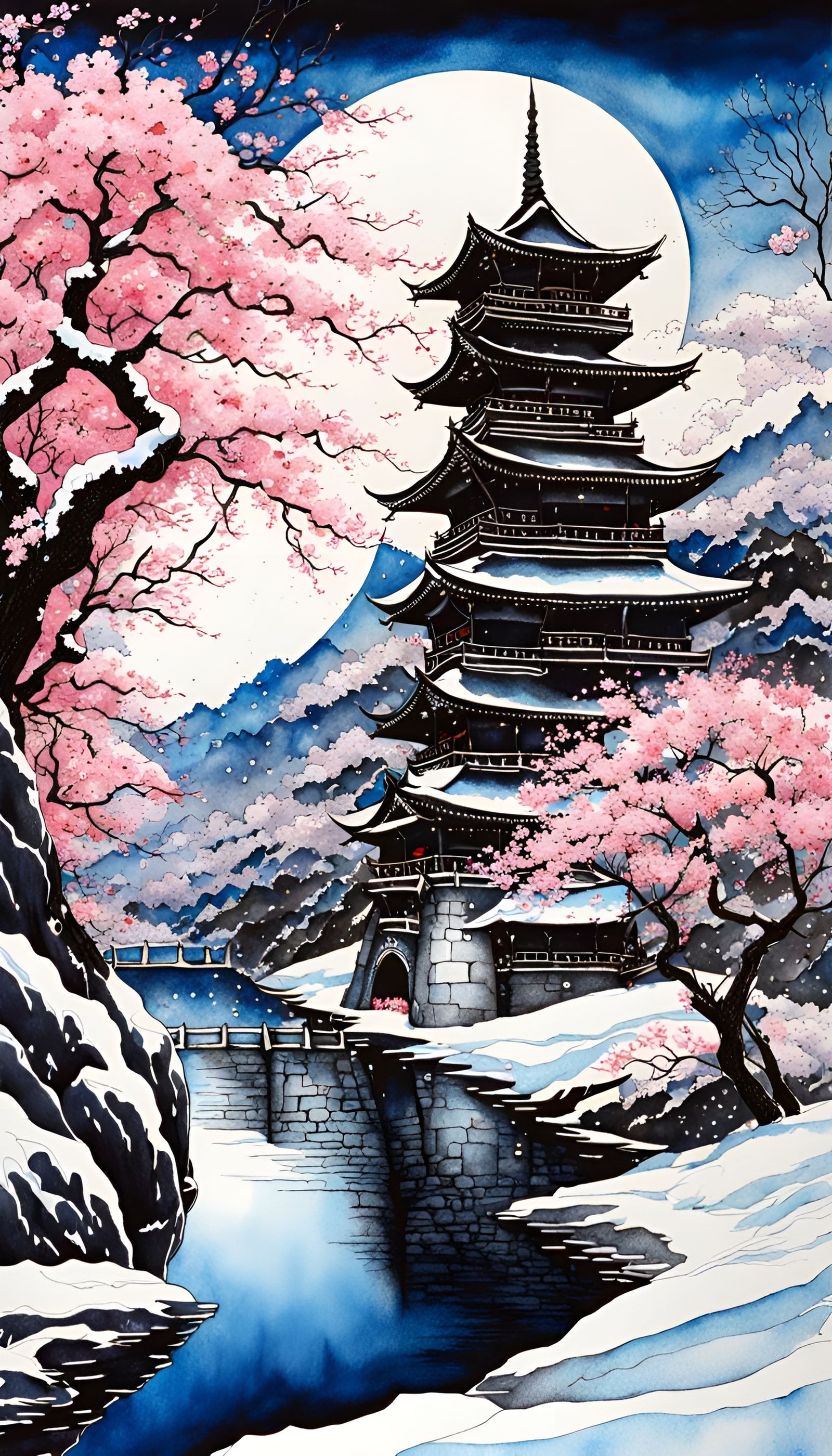 Moonlight reflected on bright shimmering snow, Japanese Dark faerie castle, cherry blossoms