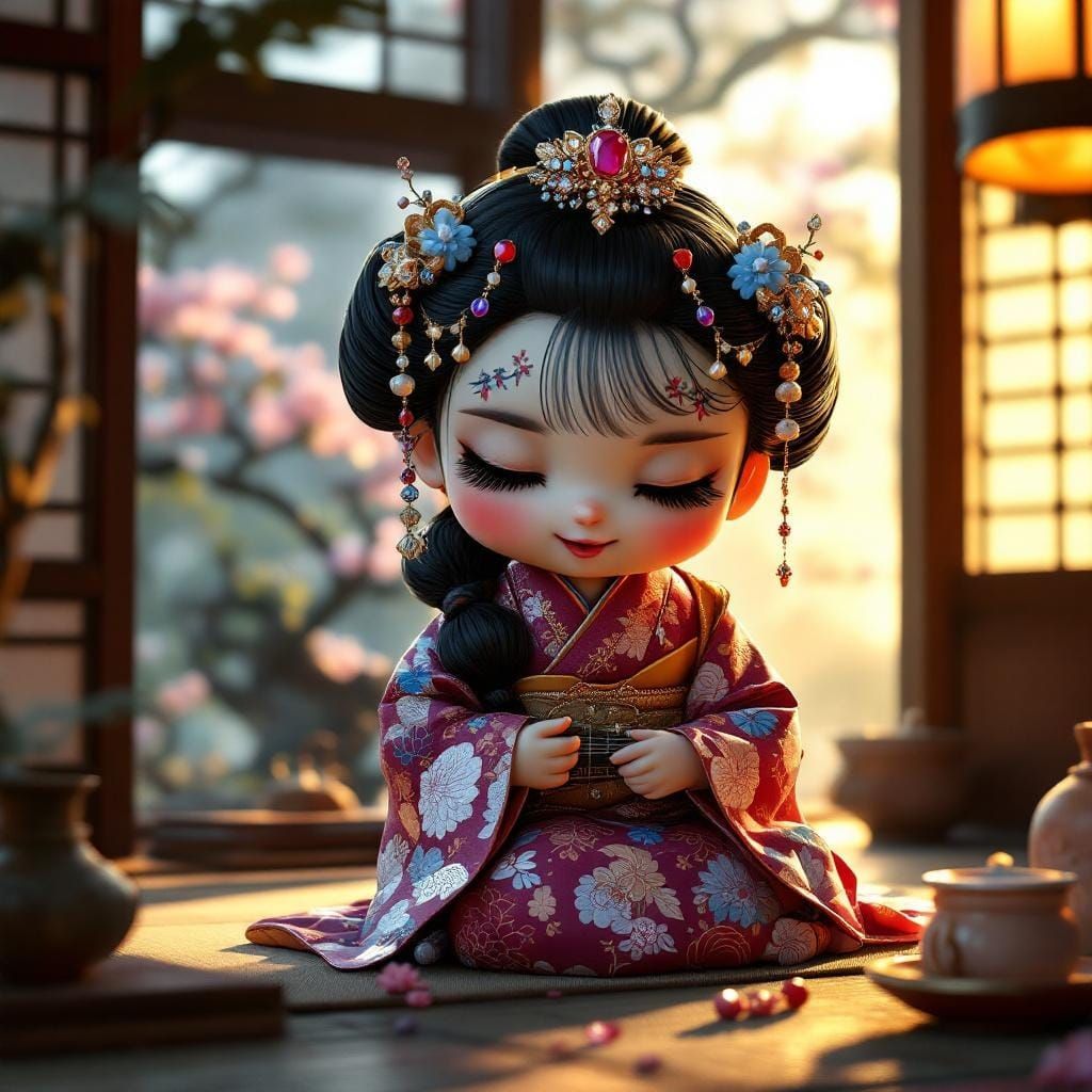 Chibi Geisha Turtle Plays Koto: Oil Realism