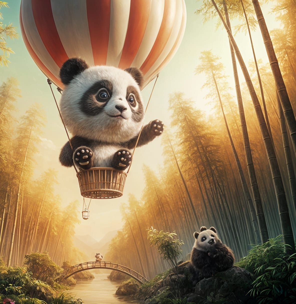 Panda in Hot Air Balloon, Surrealist Illustration