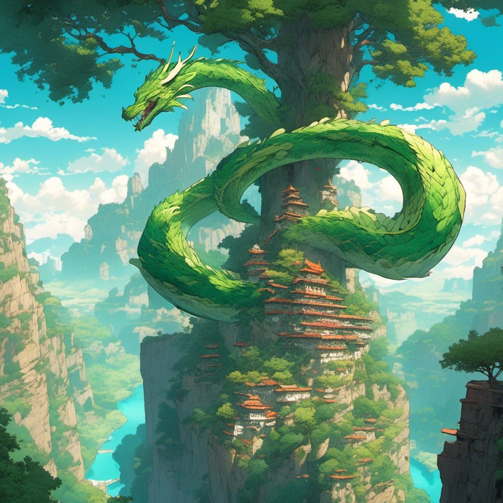 Anime Dragon Ascends Yggdrasil in Cel-Shaded Style