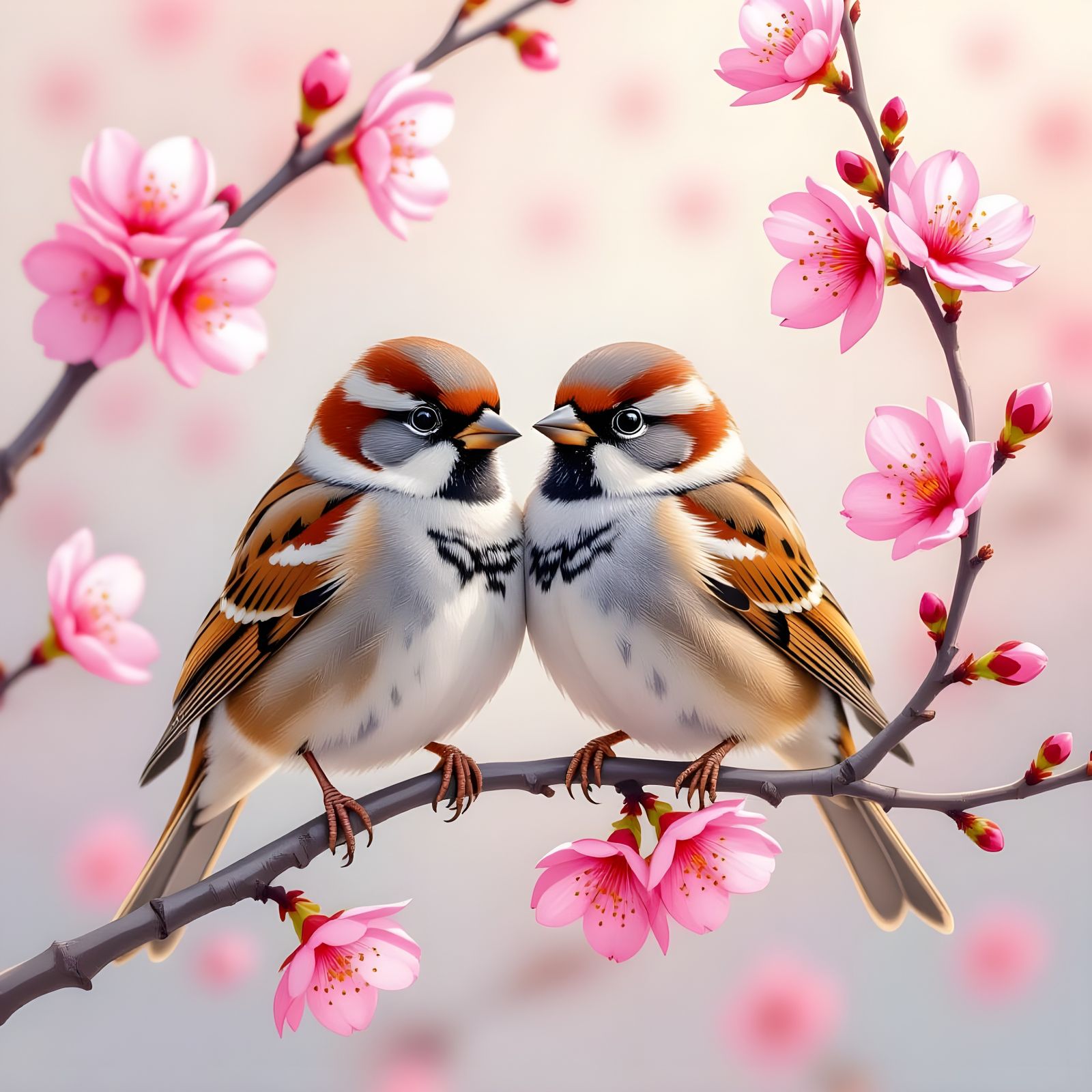 Sparrows and Cherry Blossoms in Watercolor Style