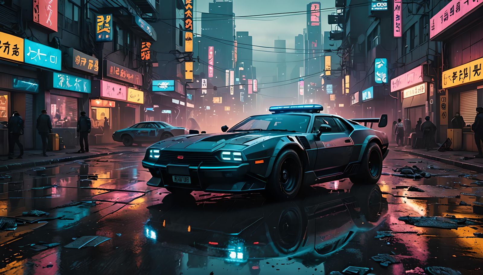 Futuristic Police Car in Cyberpunk Cityscape