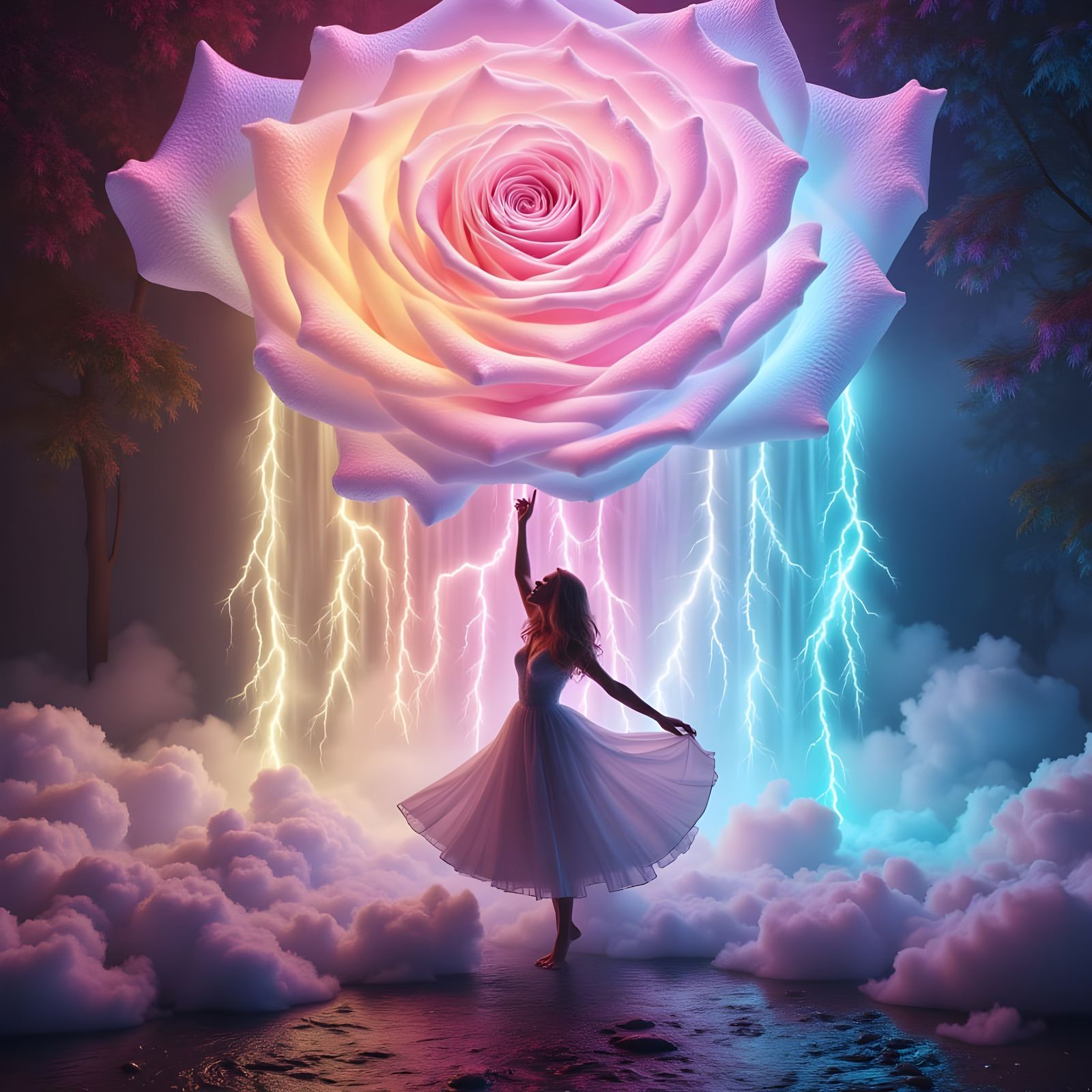 Woman Dancing Under Rose Lightning with Rainbow Waterfall