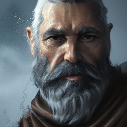 Detailed Portrait of Grey-Bearded Man in Armor