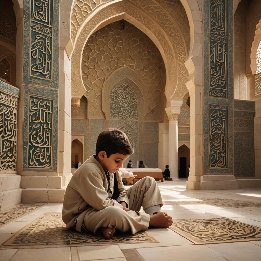 Abstract Mosque Interior with Child and Worshippers