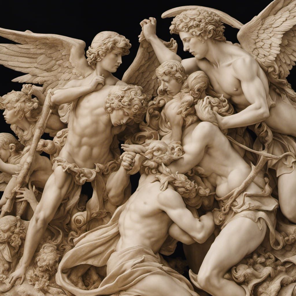 Angels and Demons Struggle: Relief Sculpture