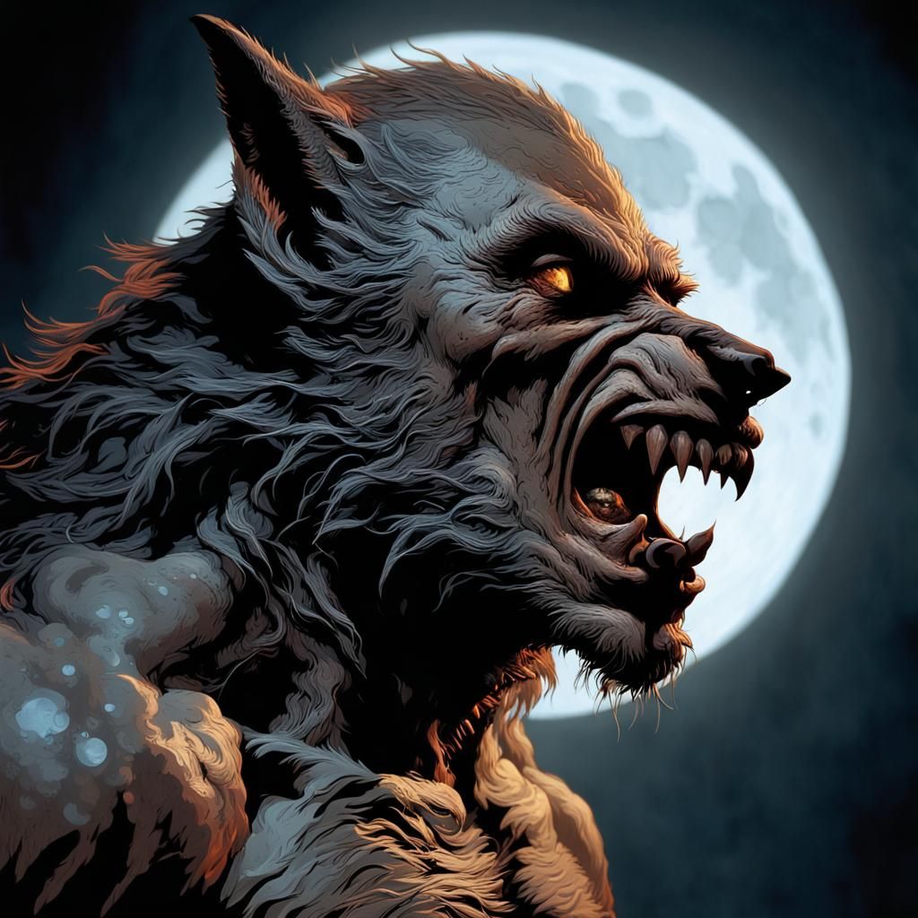 Hyperrealistic Werewolf Portrait in Moonlight