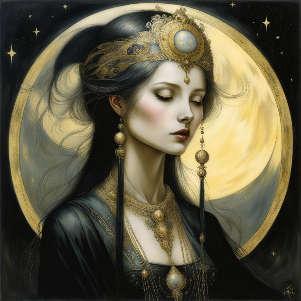 Moonlit Portrait of a Girl in Vintage Illustration Style