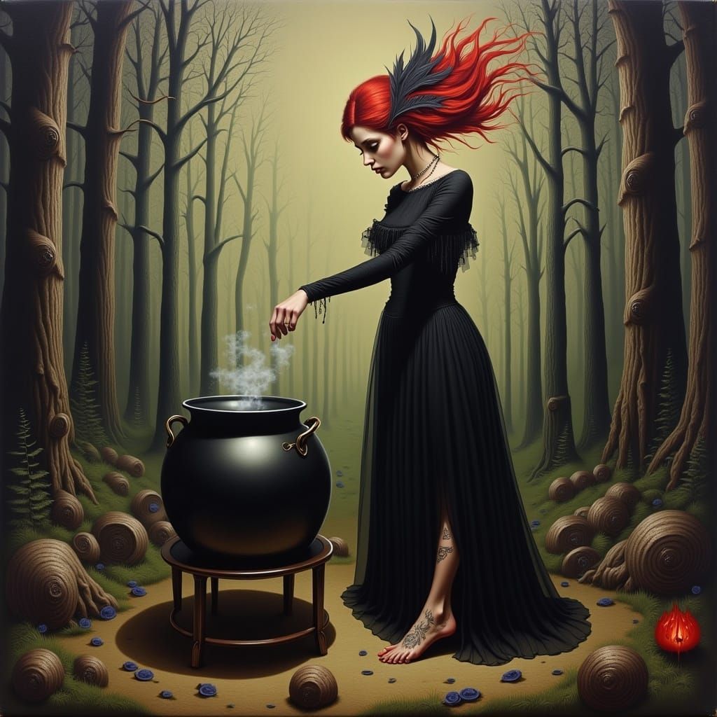 Surrealist Witch Brewing Potion in Forest Cauldron