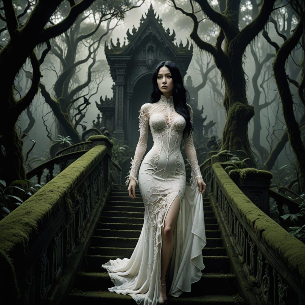 Gothic Goddess Ascends Burning Shrine in Dark Rainforest
