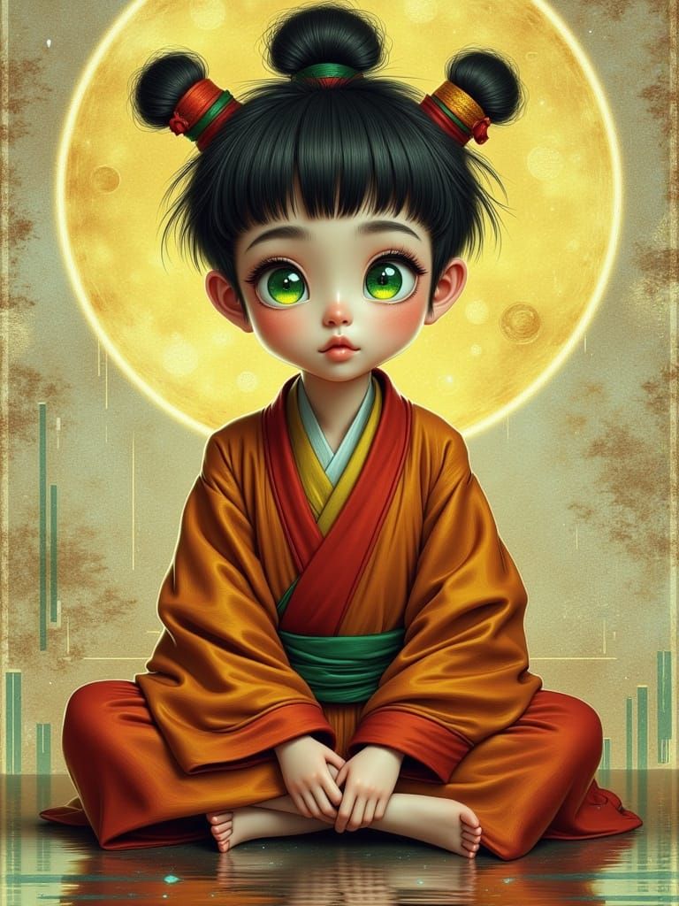 Meditating Monk with Manga Eyes in Glitch Art Style