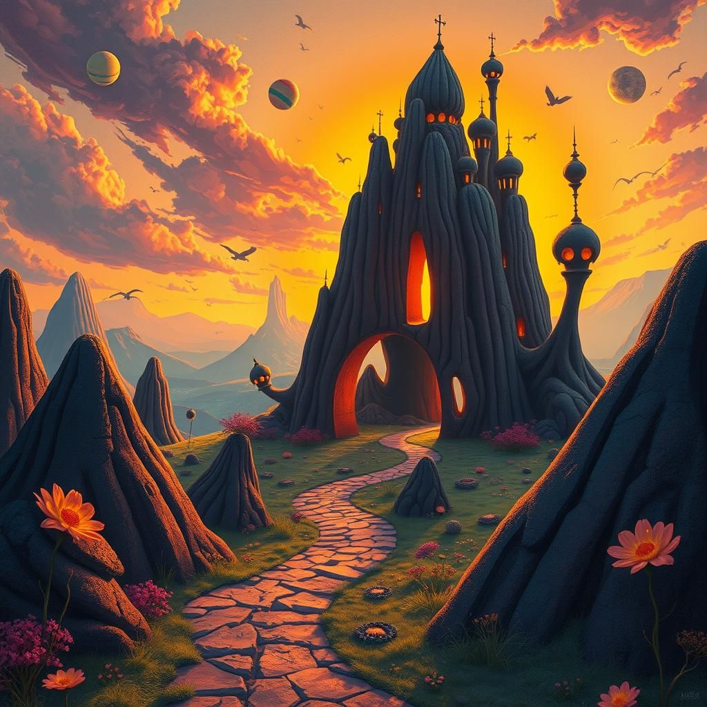 Surreal Sunset Fantasy Landscape in Dreamlike Style