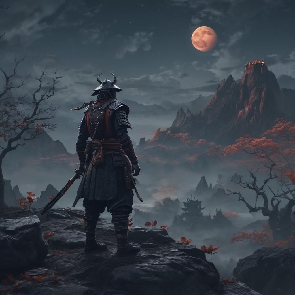 Samurai Warrior Confronts Witches: Fantasy Concept Art