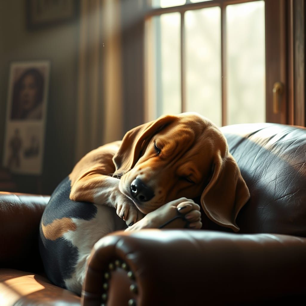 Basset Hound Sleeping in Vintage Armchair, Cinematic Style