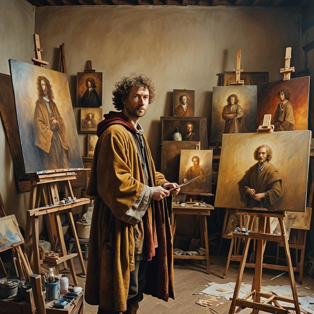 Renaissance artist in his studio, surrounded by canvases and...