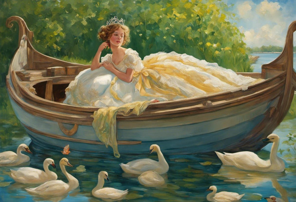 Dreamy Swan Boat Princess: Neo-Impressionist Oil Painting