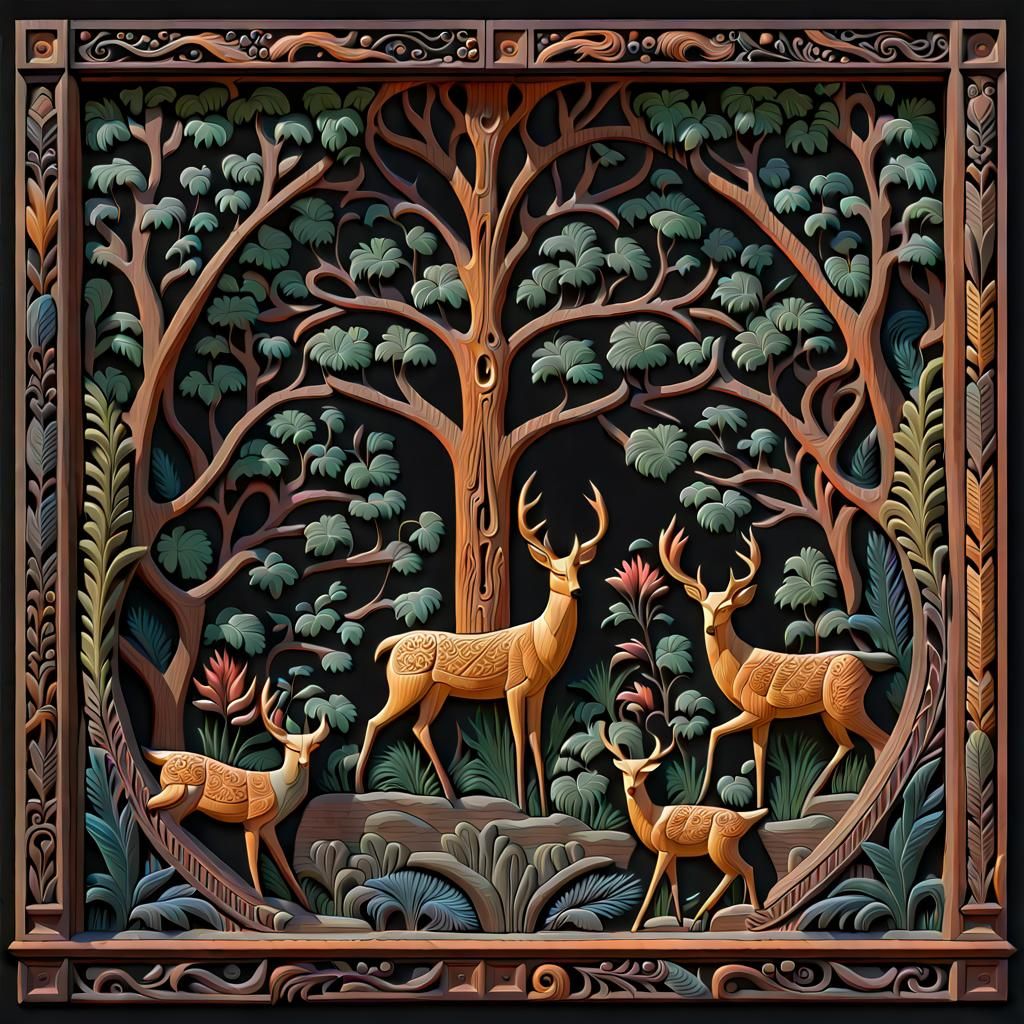 Carved Wooden Window Casing in Folk Art Style