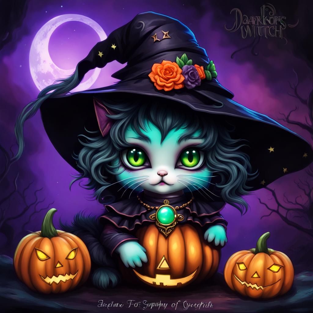 Halloween Kitten in Darkcore Witch Outfit