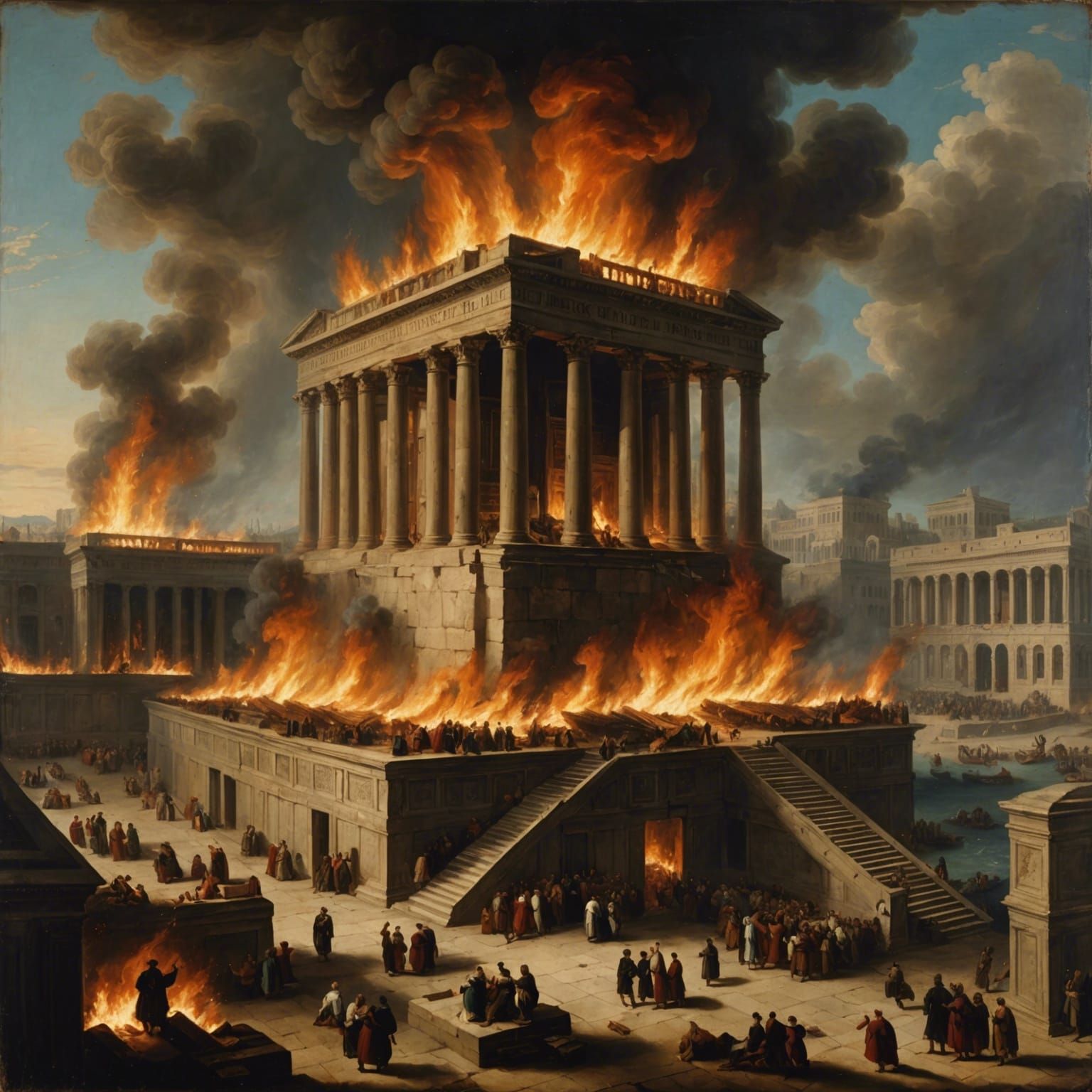 Burning Library of Alexandria in 18th Century Oil