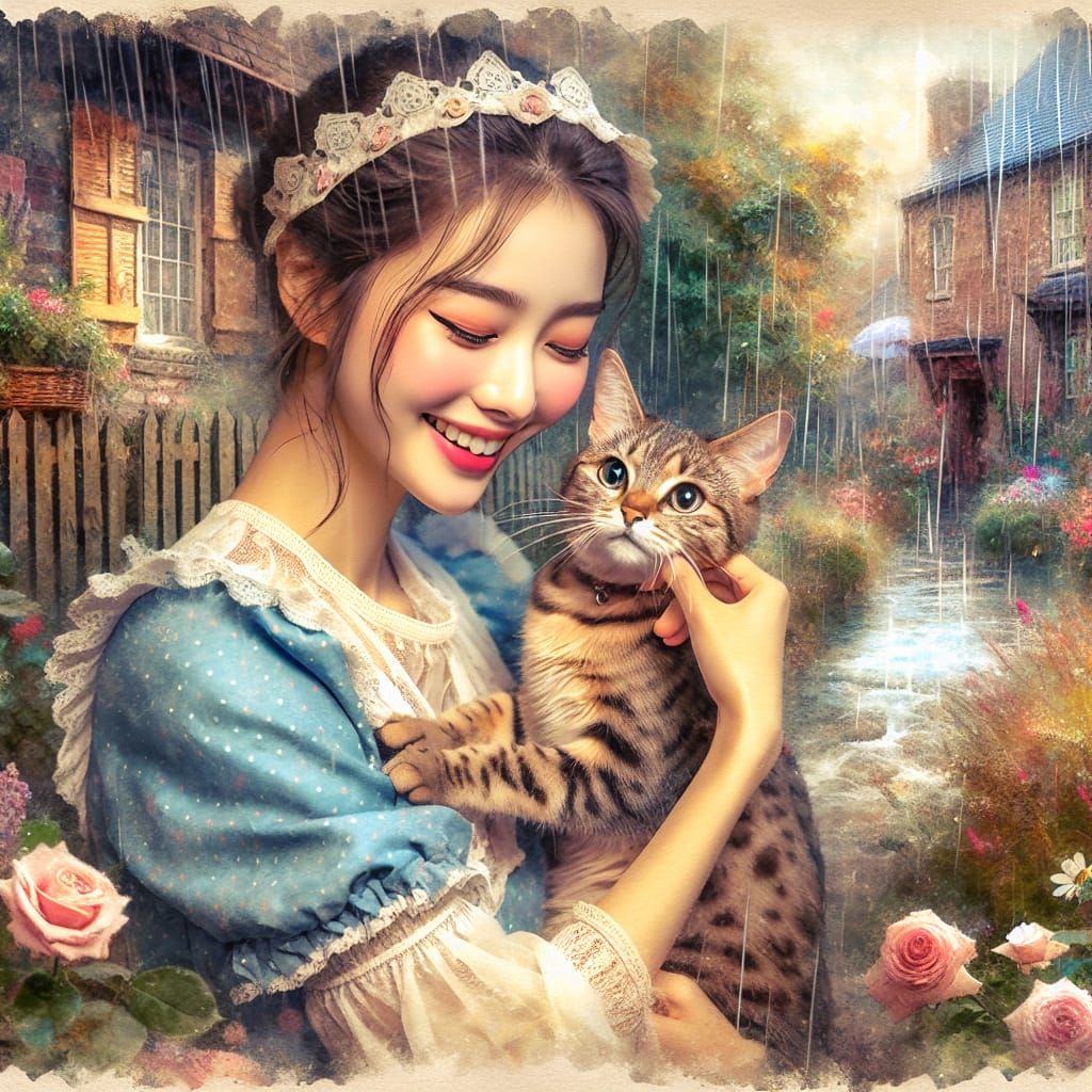 Heartwarming Cottage Garden Moment with Egyptian Mau Cat
