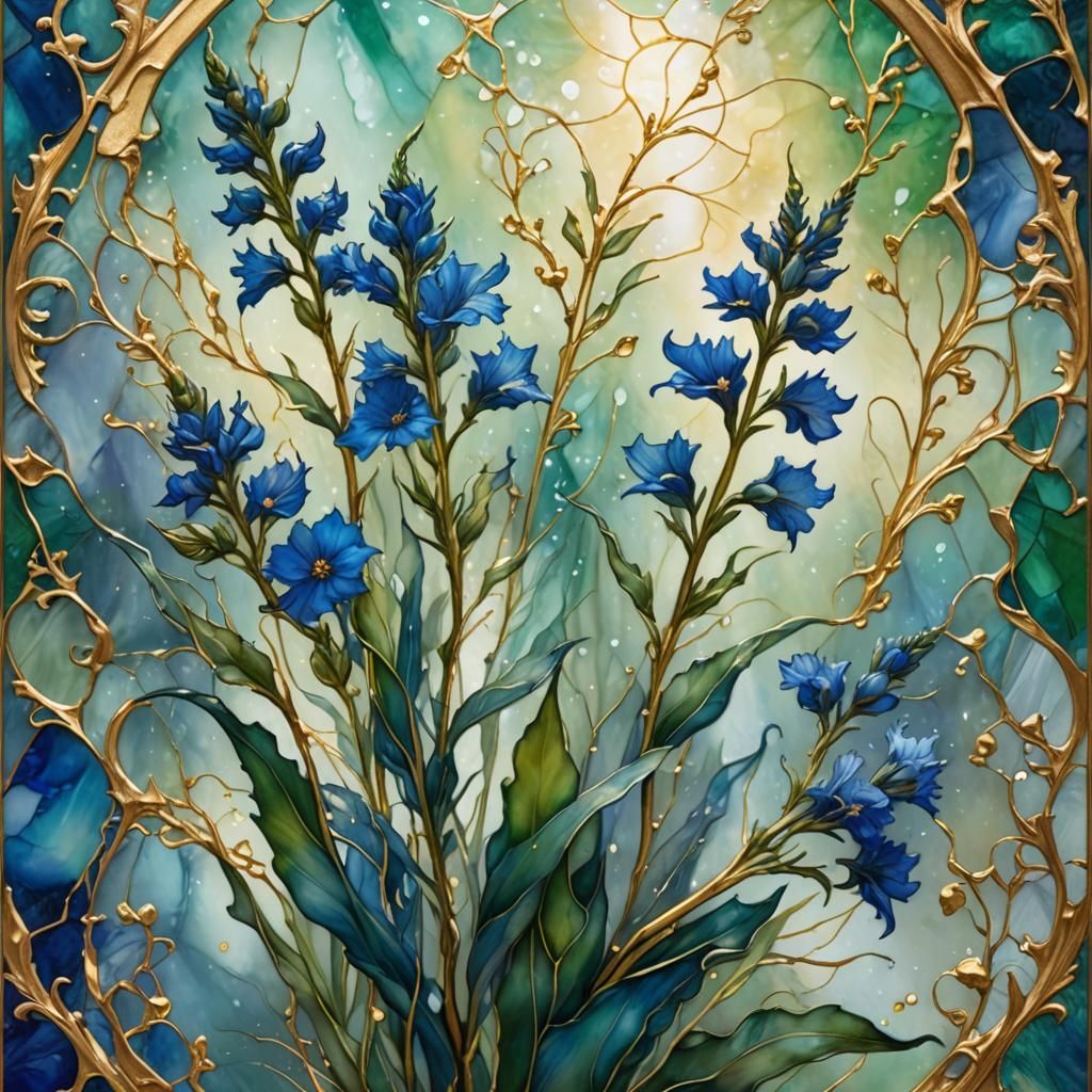 Cornflower Snapdragon with Gold, in Alcohol Ink Style