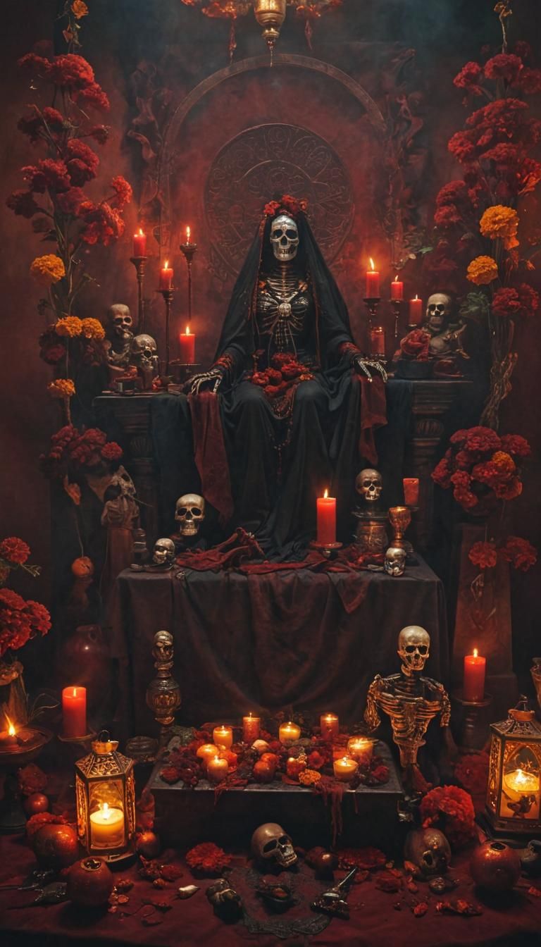 Santa Muerte Altar in Red Smoke: Dark Fantasy Art