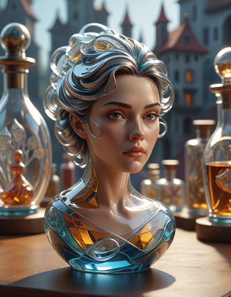 Perfume Bottle with Miniature City, Photorealistic Close-up