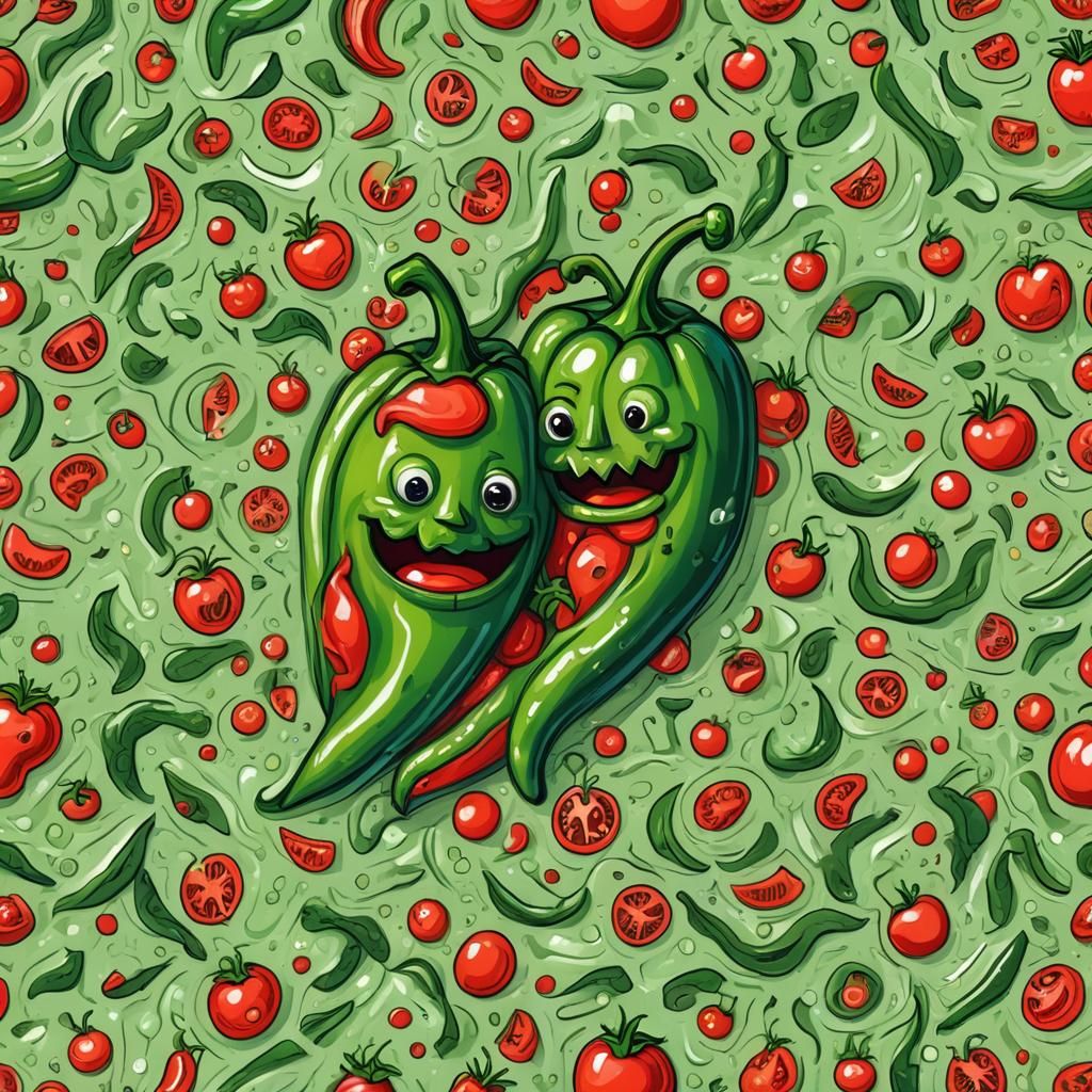 Surreal Food Illustration: Hugging Pepper and Tomato