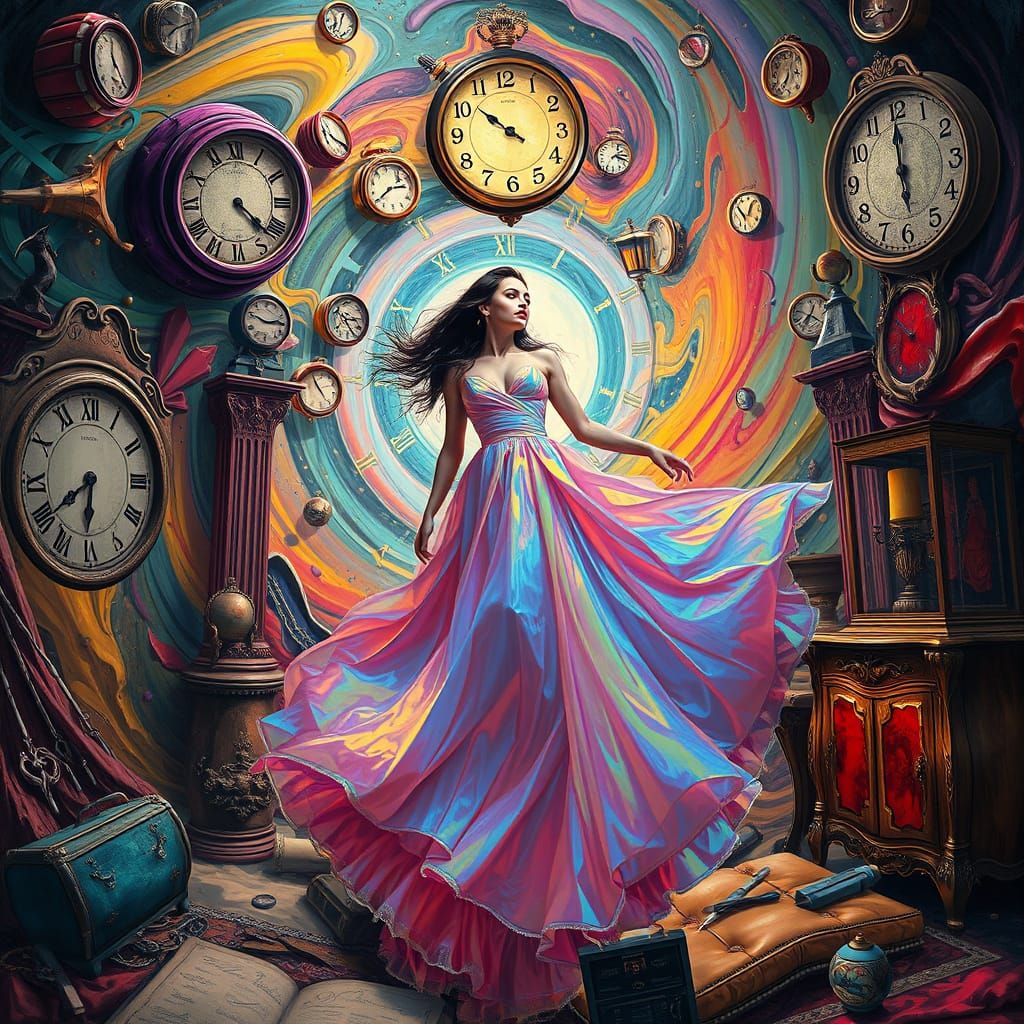 Woman in Iridescent Gown in Surreal Vortex