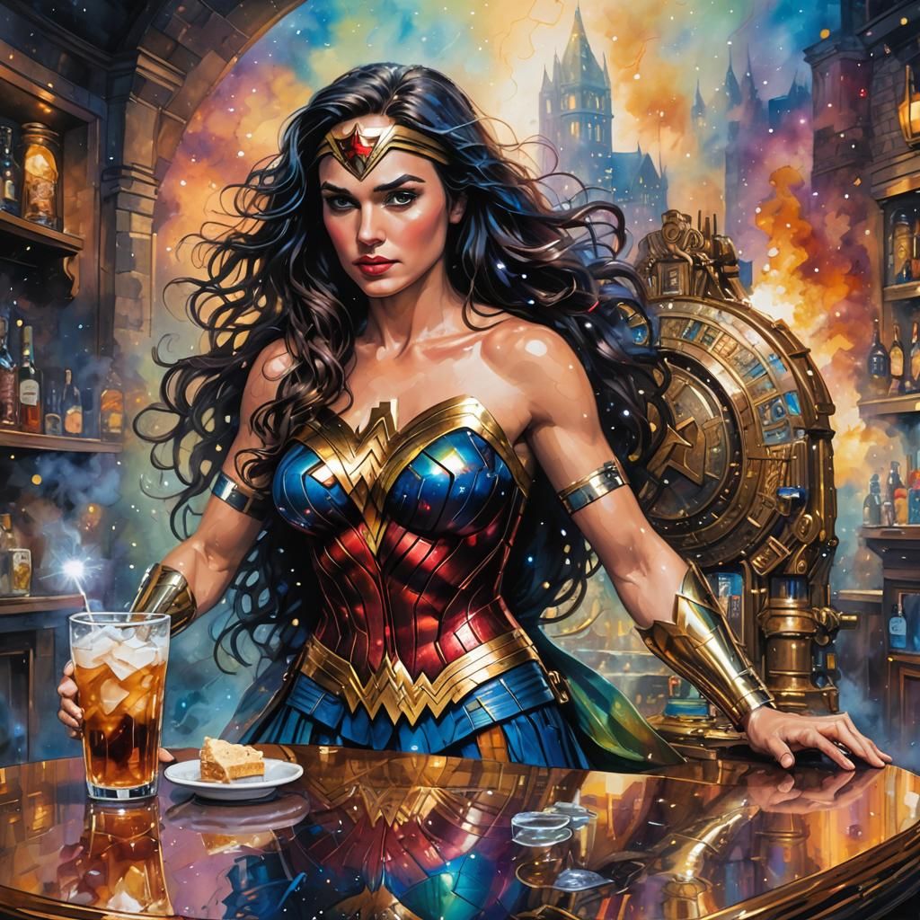 Wonder Woman Drinks Coffee in Alcohol Ink Style