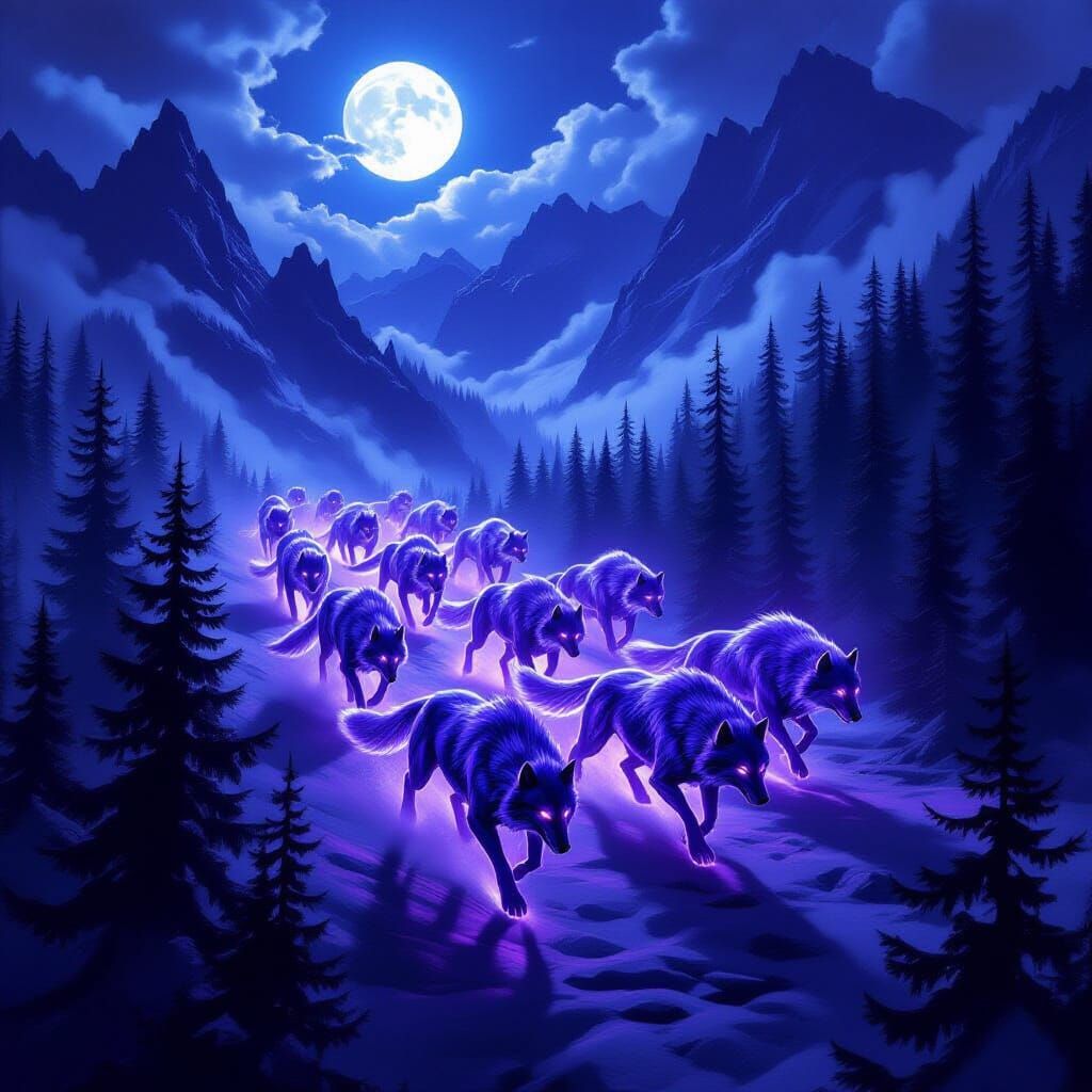 Colossal Obsidian Wolves in Moonlit Forest