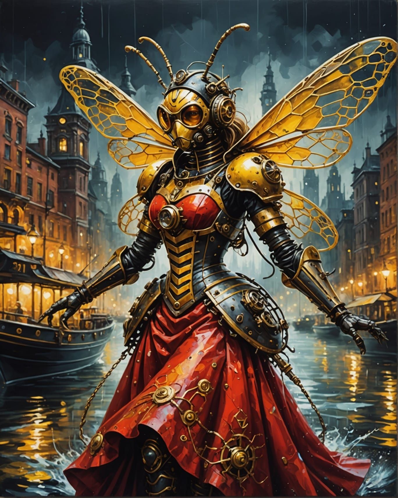 Steampunk Bee Drives Boat in Vivid Cityscape