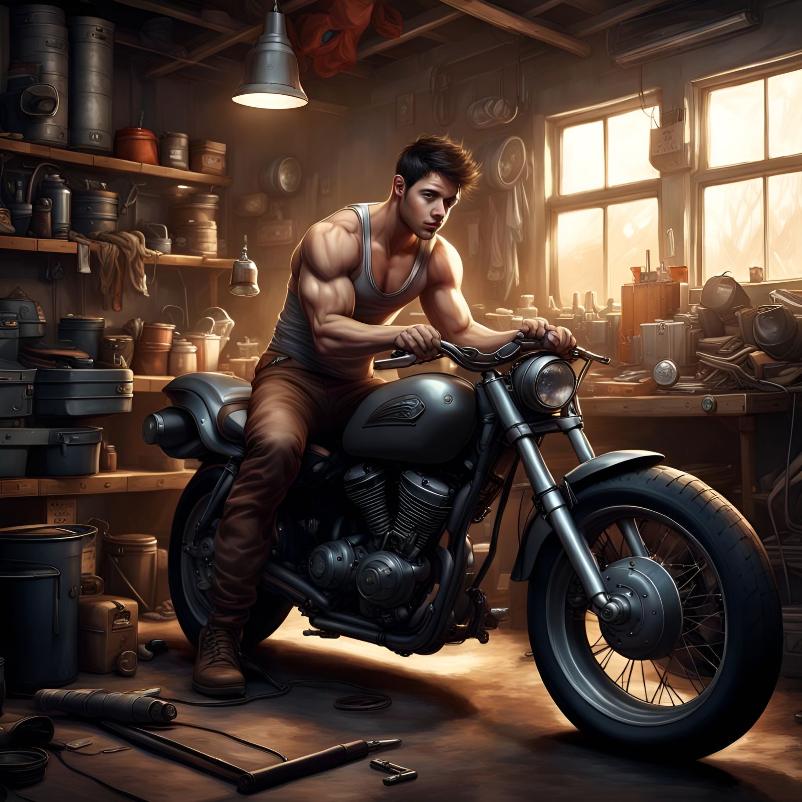 Handsome Man Working on Motorcycle: Dark Fantasy Art