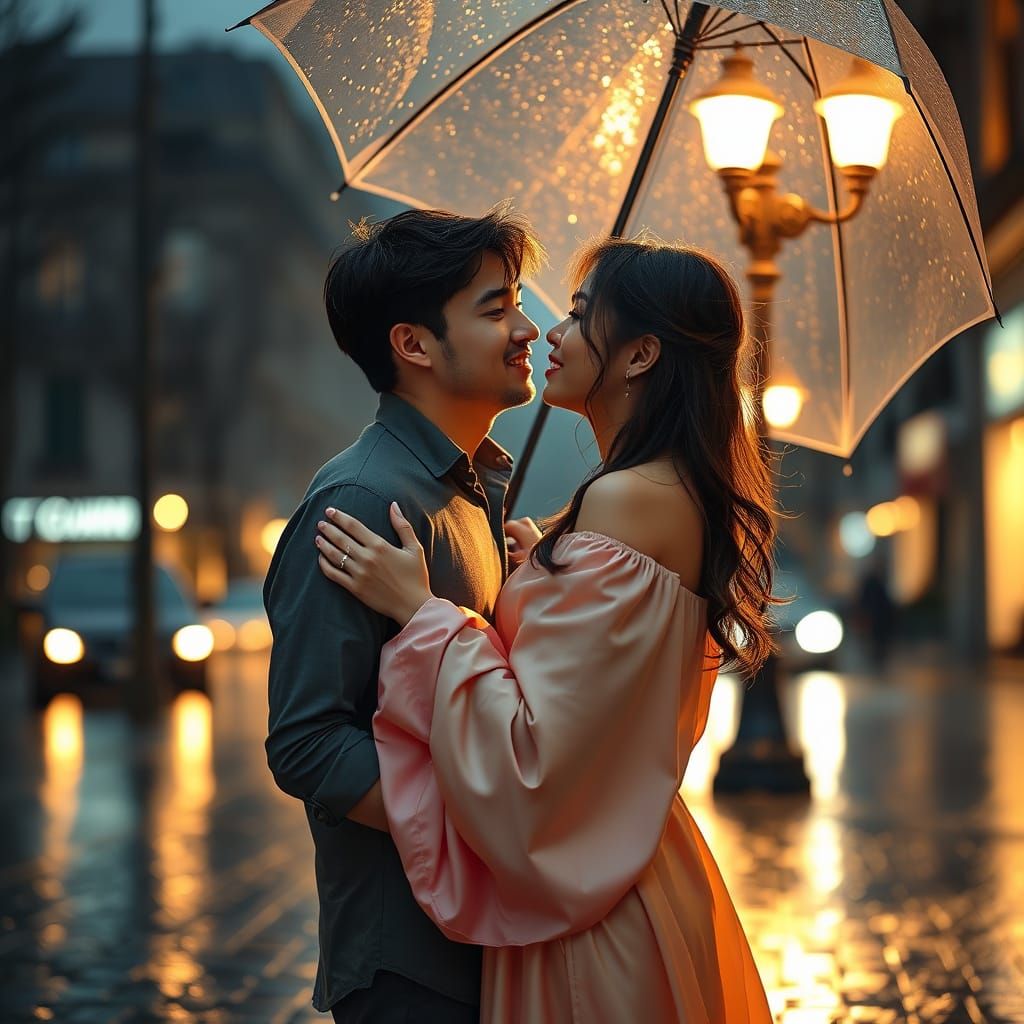 Romantic Couple Embrace in Rainy City Street at Night