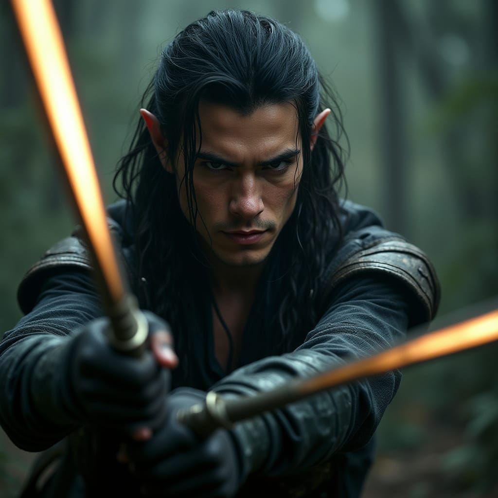 Half-Elf Rogue with Sabers in Cinematic Style