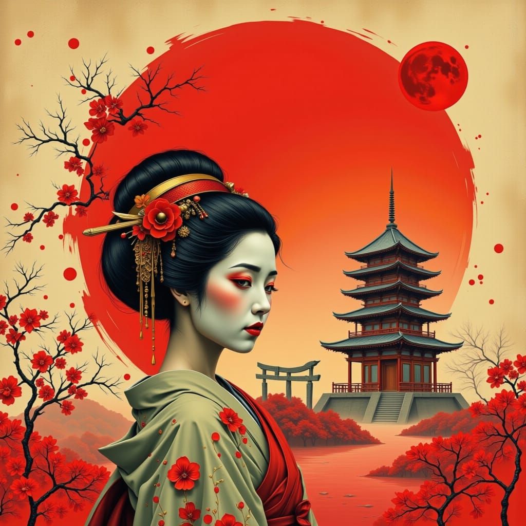 Geisha by Temple with Red Sun in Tan and Red