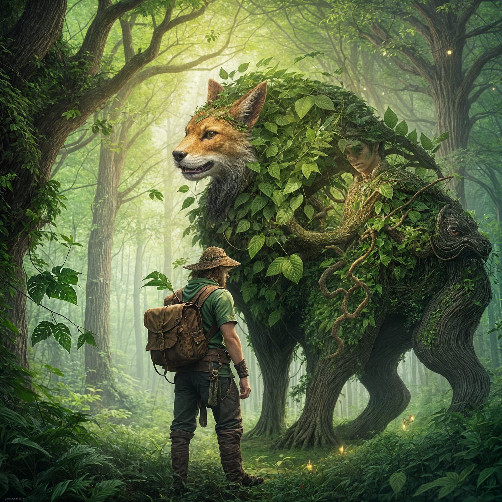 Mythical Forest Pet with Vines and Leaves