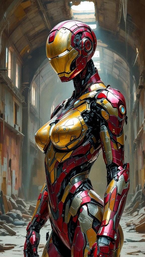 Feminine Iron Man Armor Self-Assembling as Expressionist Oil...