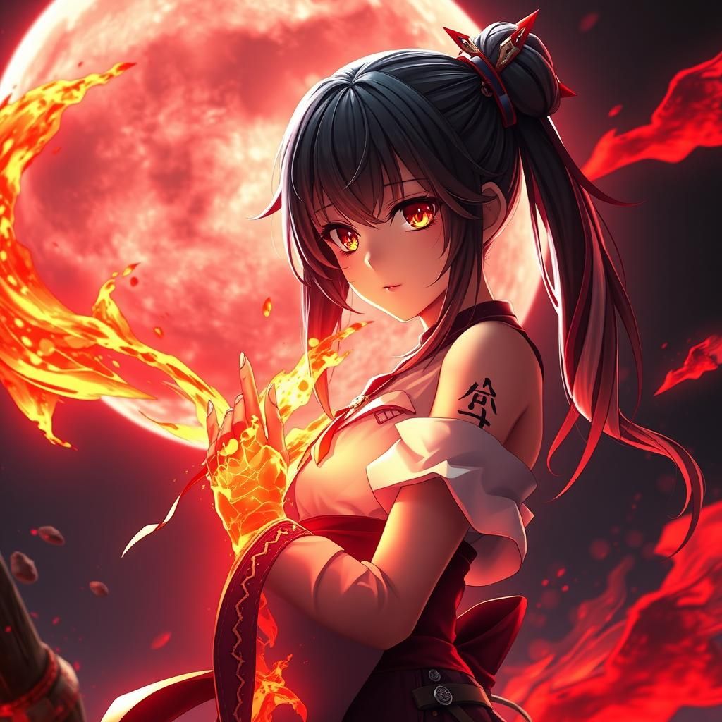 Anime Girl with Lava Skill, Full Moon Backdrop