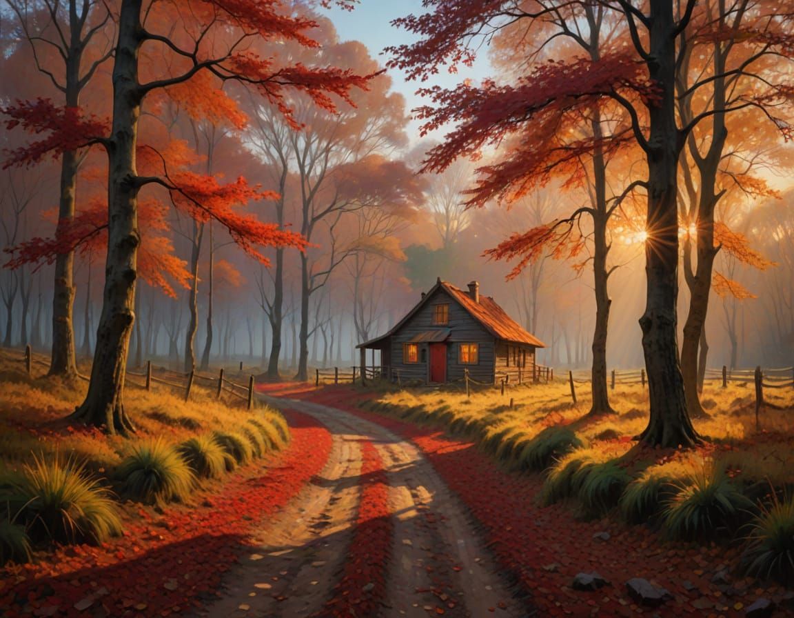 Impressionist Autumn Landscape with Red Roofed Cottage